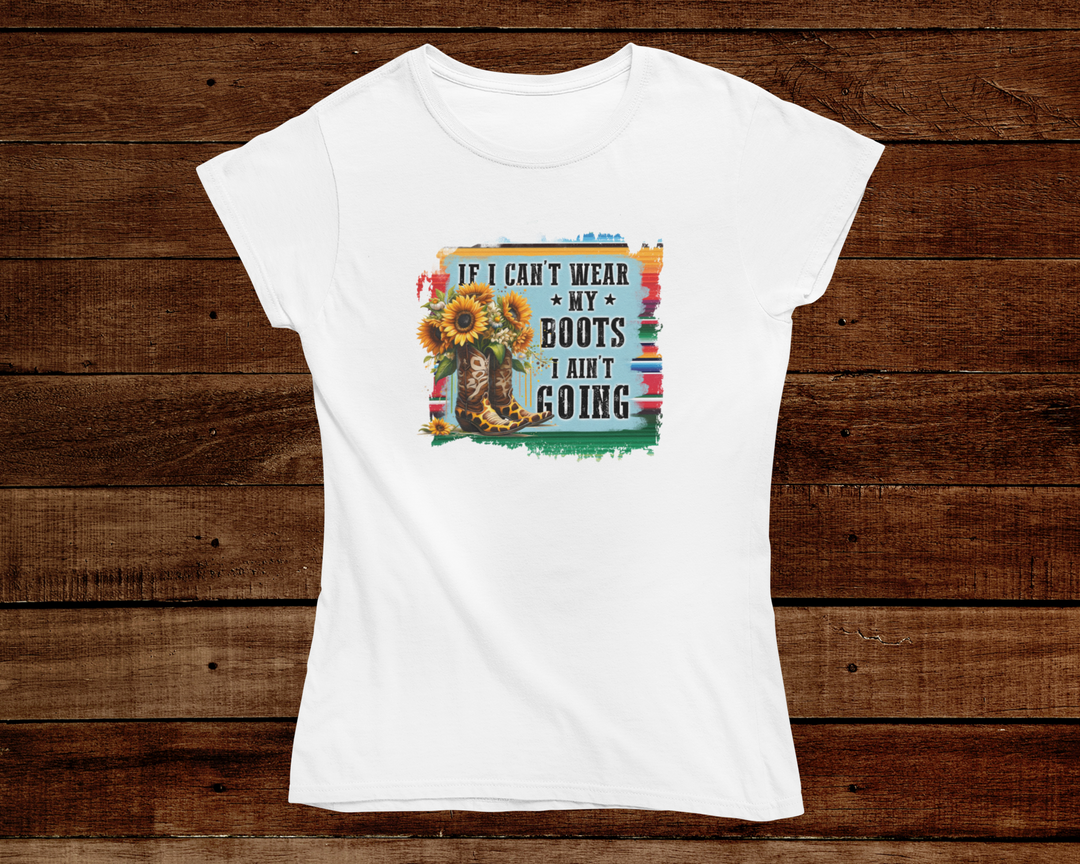 White t-shirt with a graphic design on a wooden background
