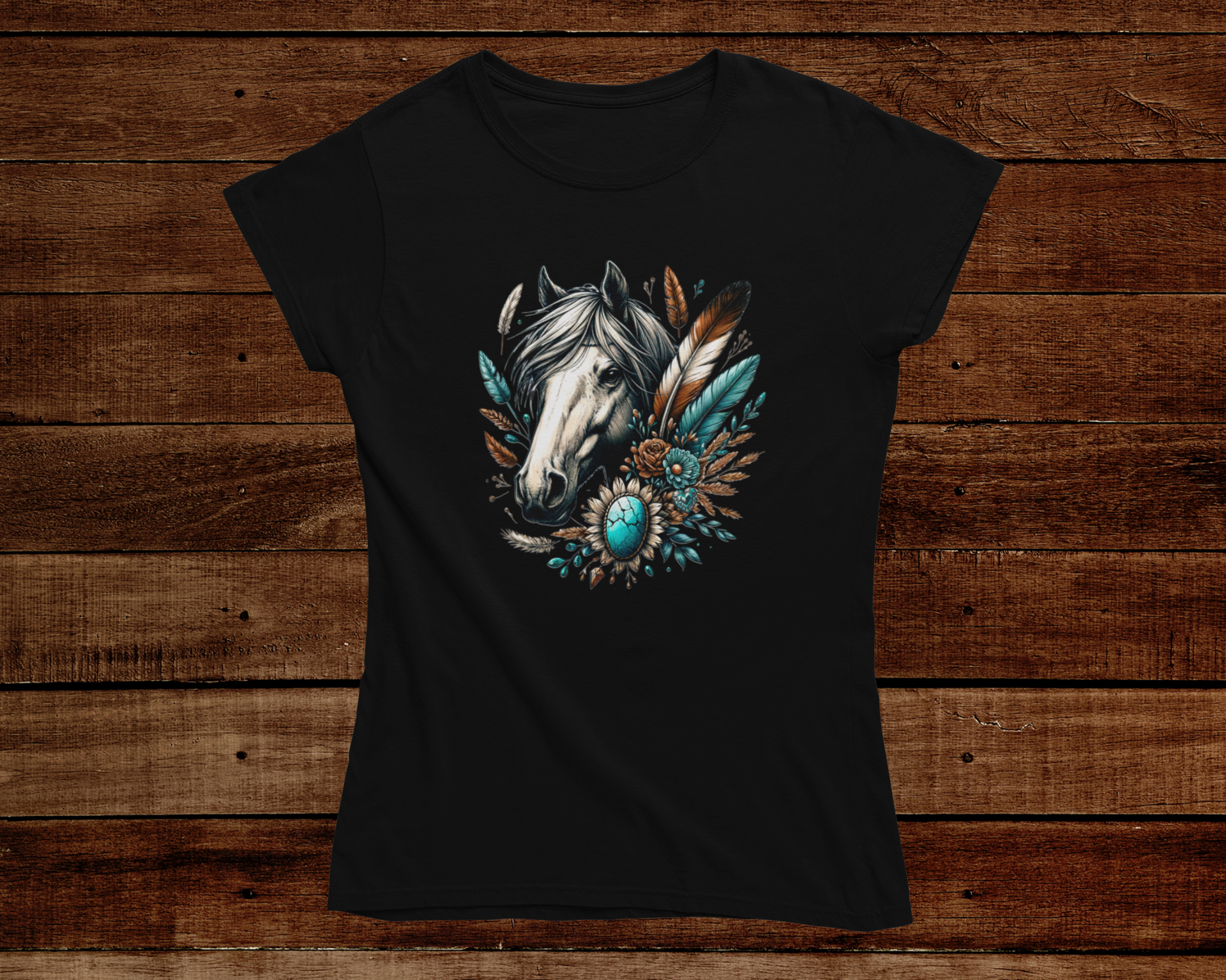 Black t-shirt with a horse and feather design on a wooden background