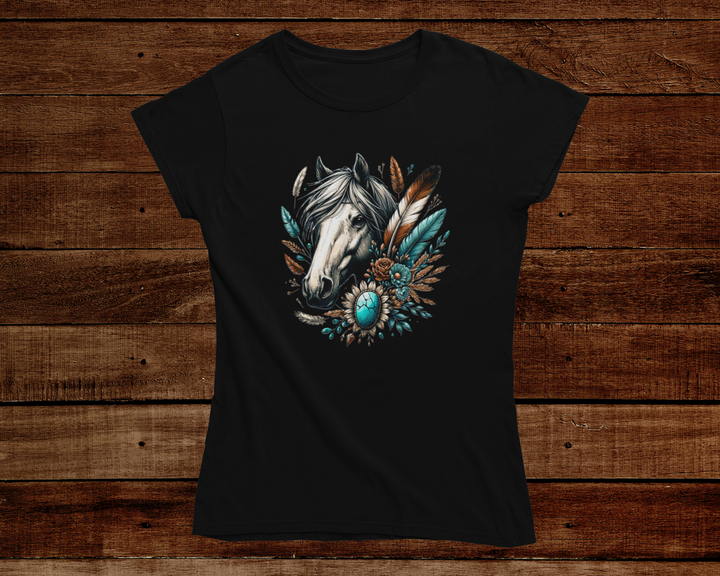 Black t-shirt with a horse and feather design on a wooden background