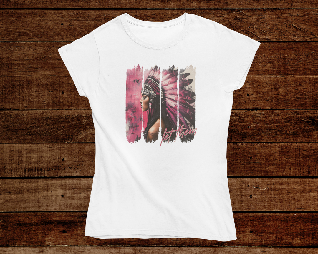 White t-shirt with a graphic design on a wooden background