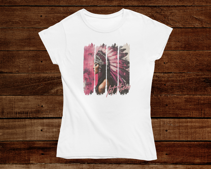 White t-shirt with a graphic design on a wooden background