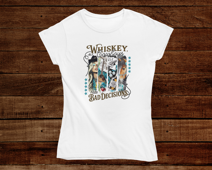 White t-shirt with graphic design and text on a wooden background