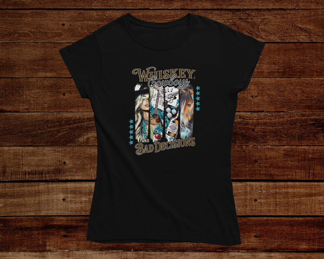 Black t-shirt with graphic design on a wooden background