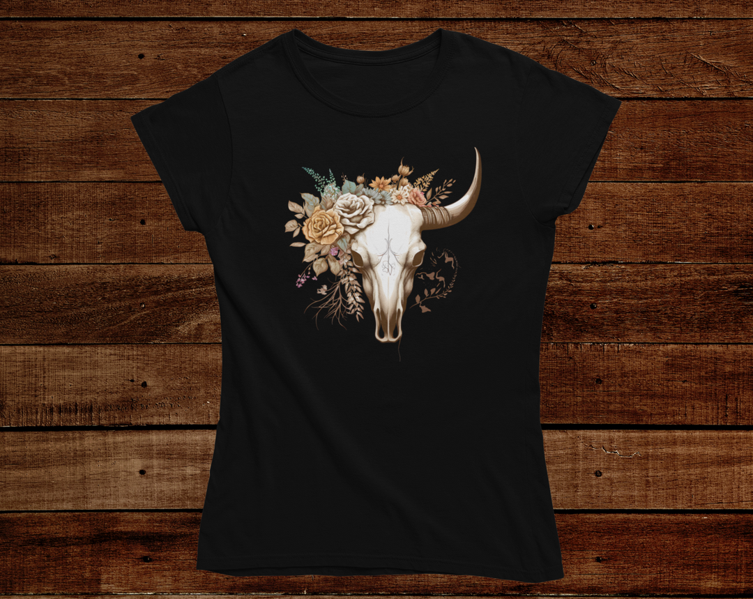 Vintage floral bull skull design on black tshirt