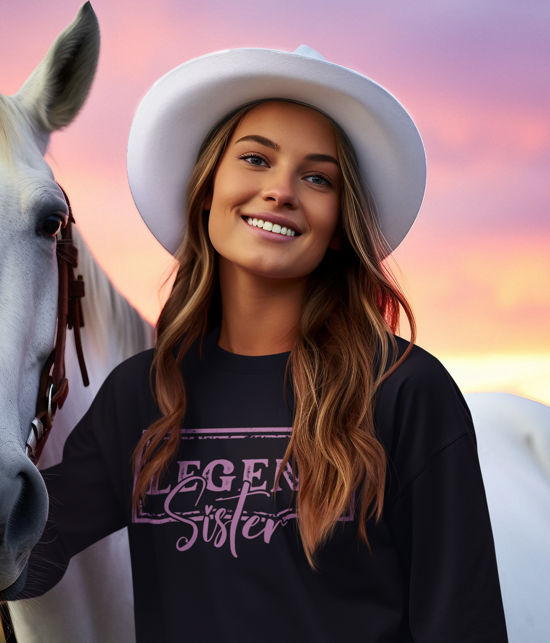 Young Woman in black sweater next to white horse