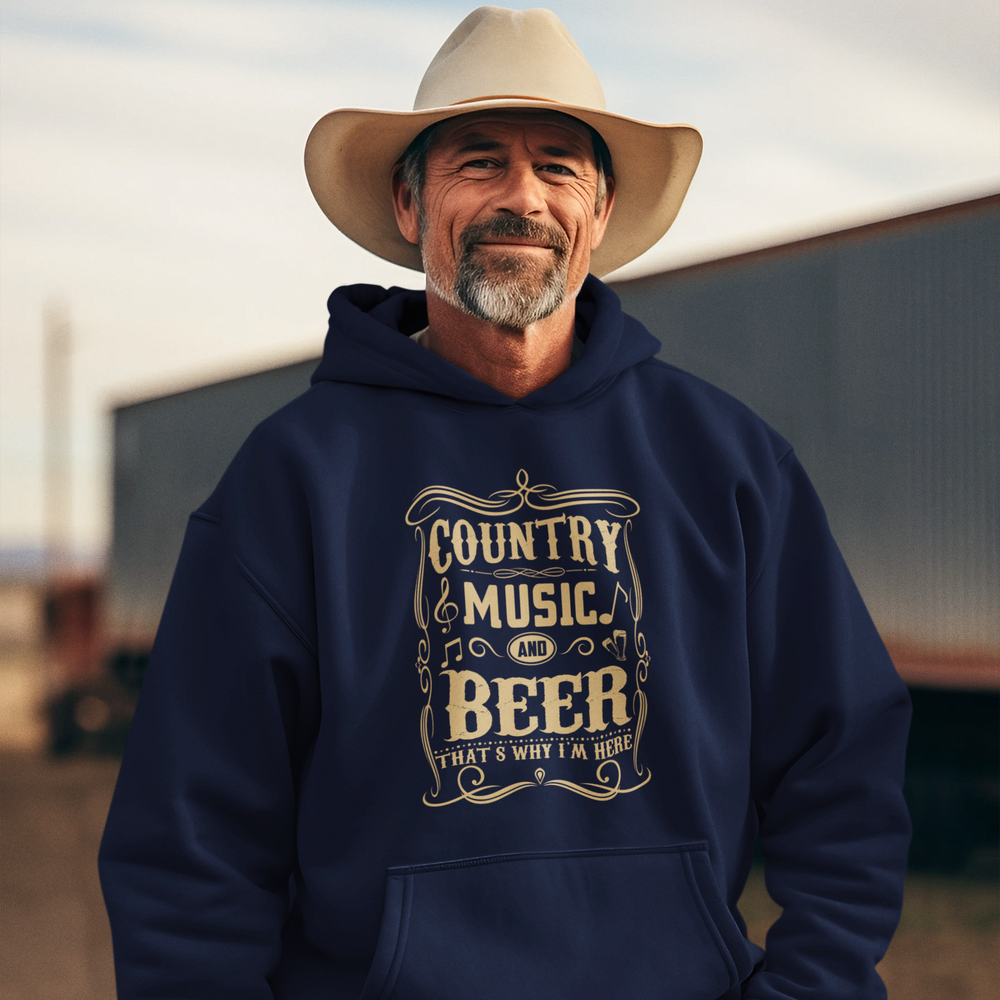 Man wearing a navy hoodie with 'Country Music & Beer' text, standing outdoors.