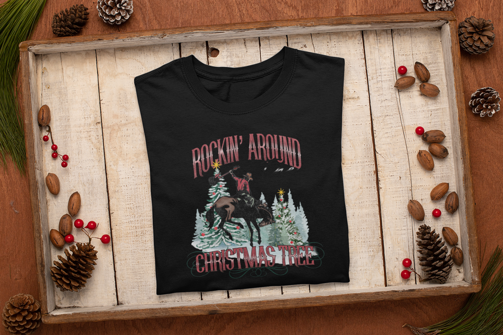 Womens Rockin Around The Christmas Tree T-shirt - [farm_afternoons]