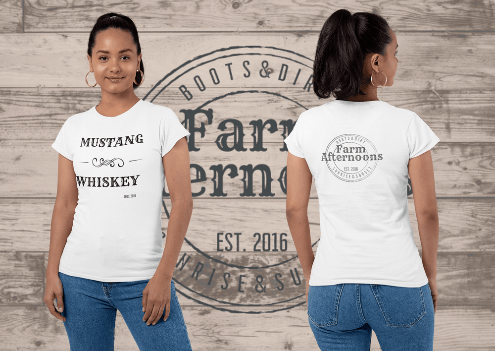 Women's White Mustang Whiskey T-shirt - [farm_afternoons]