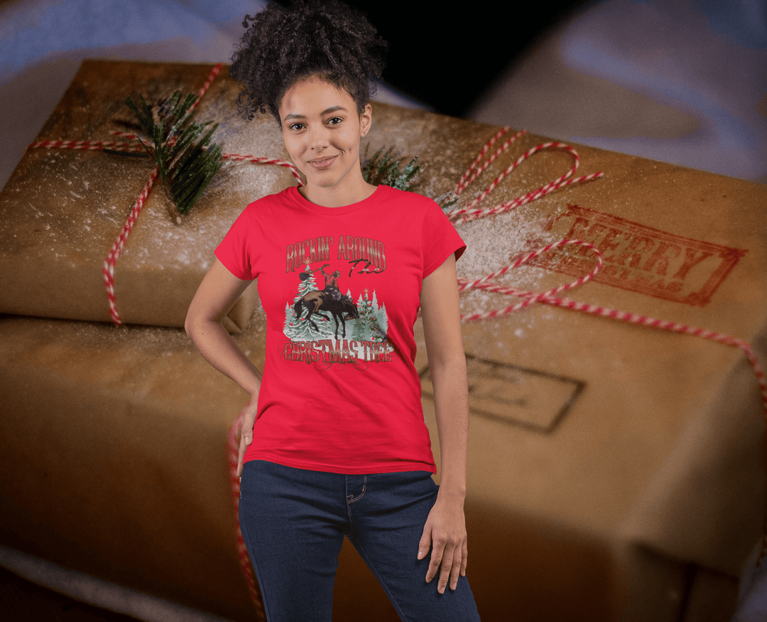 Womens Rockin Around The Christmas Tree T-shirt - [farm_afternoons]