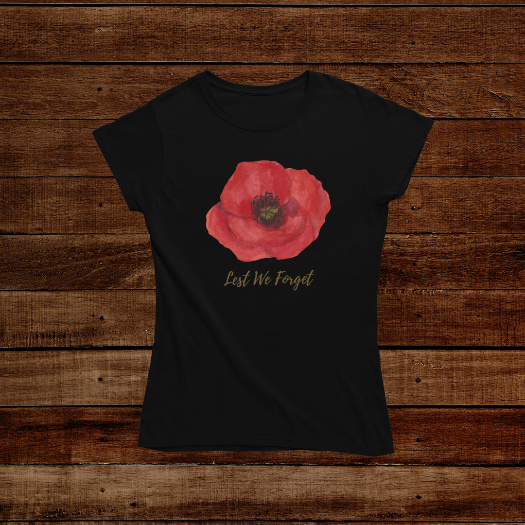 Black women's tshirt with red poppy and Lest we Forget text